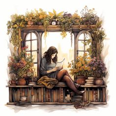 a woman sitting on a window sill reading a book