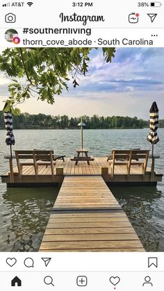 the instagram page shows an image of a dock with chairs on it