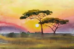 a painting of two trees in the sunset