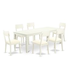 a white dining table with six chairs and one chair on the other side, in front of a white background