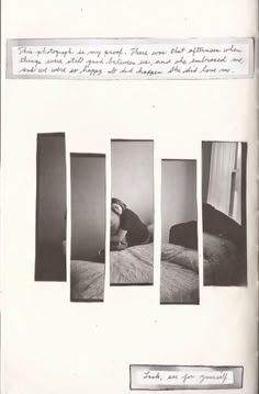 an open book with black and white photos on it's pages, including a person laying in bed