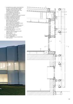 the front and back side of a building, with drawings showing different angles on it