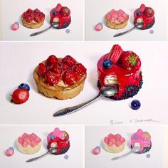 four different pictures of a strawberry tart with strawberries on top and other items around it