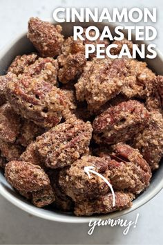 cinnamon roasted pecans in a bowl with the words gummy on it and an arrow pointing