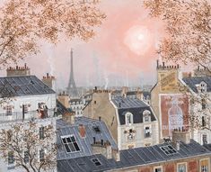 a painting of the eiffel tower in paris, with trees and rooftops