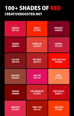 the color chart for different shades of red and pink, with text that reads 100 + shades