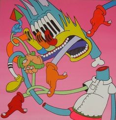 an image of a cartoon character with many things in his mouth and hands on pink background