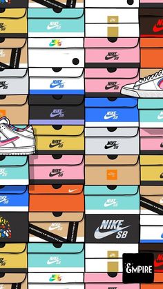 many colorful nike shoes are stacked on top of each other with the same color scheme