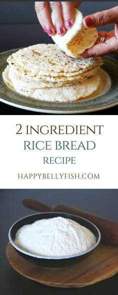 the ingredients for two ingredient rice bread are shown in three different pictures, one is being spread