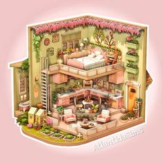 an image of a doll house with furniture and flowers on the balcony area, as if it were cut out from paper