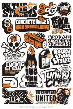 an image of various stickers on the back of a white sheet with orange and black lettering