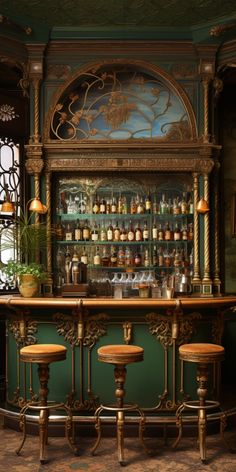 an old fashioned bar with stools in front of it