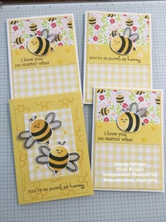 three cards with bees and flowers on them