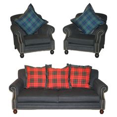 three different styles of couches and chairs with plaid pillows on the backrests