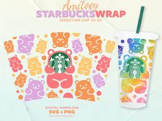 the starbucks cup has bears on it and is next to an advert for starbuck's wrap