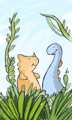 an image of two dinosaurs looking at each other in the grass with leaves around them