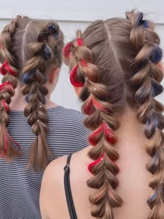 red and blue braid pigtails Casual Summer Outfits Dresses, Outfits For Work Summer, Summer Outfits For Work, Braid Pigtails, Summer Outfit 2023, 4th Of July Makeup