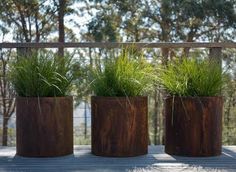 three wooden planters with grass in them on a deck near some trees and water