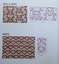 four different types of knitted squares with hearts on them, all in red and white