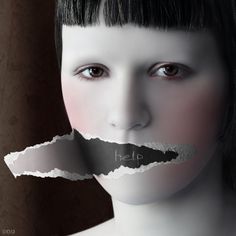 a woman's face with torn paper in front of her mouth and the words contura la vollencia machhisa written on it