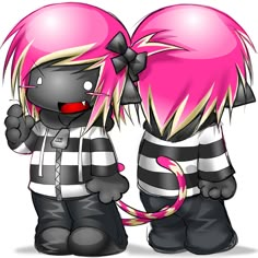 two black and white cats with pink hair are standing next to each other, one is wearing