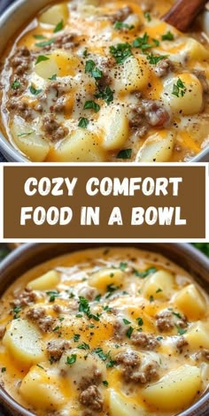 two bowls filled with soup and topped with meat, cheese and parmesan sauce