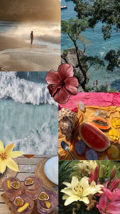 there is a collage of pictures with flowers and food on the table next to the ocean