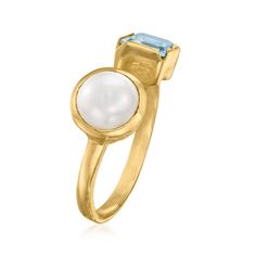 8-8.5mm Cultured Pearl and 1.40 Carat Sky Blue Topaz Ring in 18kt Gold Over Sterling | Ross-Simons Byzantine Necklace, Sky Blue Topaz Ring, White Pearl Ring, Pearl Birthstone, Fine Jewelery, Topaz Color, Baroque Pearl Necklace, Sky Blue Topaz, Pearl Hoop Earrings