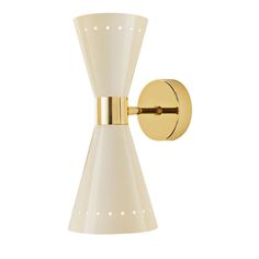 a white and gold wall light on a white background