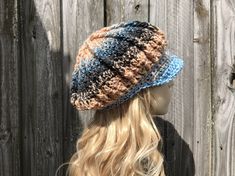 "Style: Chunky newsboy hat. Color: This sample hat is shown in Jigsaw, shades of light to deep blues, cream and tan. Sizes: One size fits 20\" to 23\" (50.5 cm to 58 cm) head size. Fiber Content: 100% acrylic Characteristics: Chunky, very soft, warm and cozy. Care Instructions: Hand wash, dry flat. Every item from Pixiebell is handmade and knit or crocheted to order, unless otherwise stated in title of the item as \"ready to ship\". Production time may vary, please check the SHIPPING & POLIC Slouchy Yarn Cap, Slouchy Crochet Yarn Cap, Slouchy Crochet Yarn Hat, Cap Crochet, Baker Boy Hat, Pixie Hat, Handmade Knitwear, Womens Hat, Boho Hat