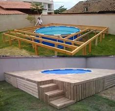 an above ground swimming pool with steps leading up to the bottom and below it is a wooden deck