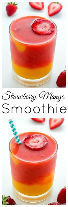 strawberry mango smoothie in a glass with strawberries on the side and another photo