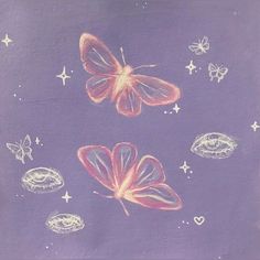 a drawing of two butterflies flying in the sky with stars and circles around them on a purple background