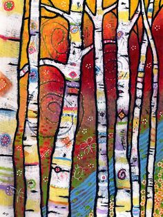 an abstract painting of trees with colorful leaves and flowers on them, in the background is a