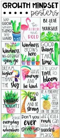 a poster with the words growth minds in different colors and font, including pineapples