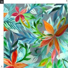 an abstract painting of colorful flowers and leaves