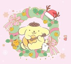 a cartoon bear playing a guitar in a christmas wreath