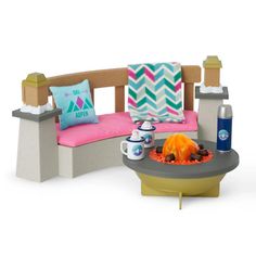 American Girl Corinne Ski Lodge Fire Pit Retired Playset - BNIB  | eBay Fire Pit Bench, Curved Bench, American Girl Doll Accessories, Cozy Accessories, Doll Food, Ski Lodge, Toy Kitchen, Doll Shop, Ag Dolls