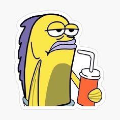 a cartoon character holding a drink in one hand and looking at the camera with an angry look on his face