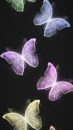 four purple butterflies flying in the air with bubbles coming out of it's wings