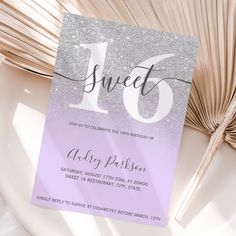 a purple and silver glitter sweet sixteen birthday party card with the number one on it