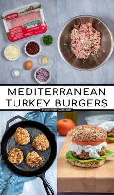 the collage shows different types of turkey burgers, including meat patties and vegetables