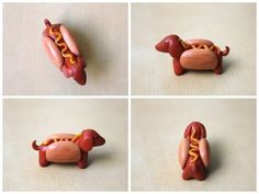 four different pictures of a toy dog with a hotdog in it's mouth