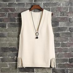 Fringe V-neck Top For Fall, Casual V-neck Top With Fringe, Fall Cotton Tops With Tassels, Cotton Tops With Tassels For Fall, Casual Beige Tassel Tops, V-neck Fringe Top For Fall, White V-neck Top With Tassels, Spring Jumper, Korean Tops