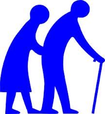 an old man and woman walking with canes on their feet silhouetted against a white background