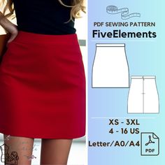 a woman wearing a red skirt and black top, with the measurements shown below her