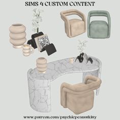 a table with chairs, vases and other items on it for the sims 4 custom content