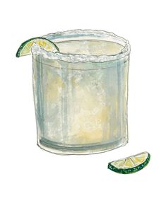 a drawing of a drink with limes on the side