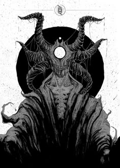 a black and white drawing of a demon with horns on it's head, surrounded by