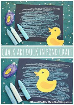 chalk art duck in pond craft with crayons on the bottom and an image of a rubber duck next to it